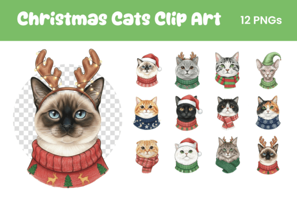 Christmas Cats Clip Art Drawing Bundle for Festive Branding and Packaging