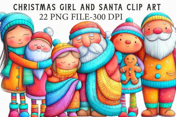 Christmas Girl and Santa Clip Art for Designers