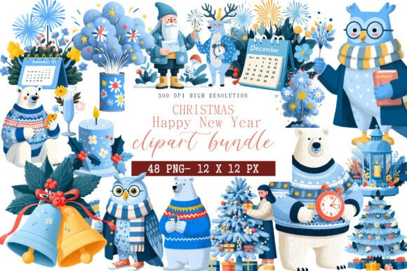 Christmas Happy New Year Clipart: Festive Illustrations for Handmade Creations