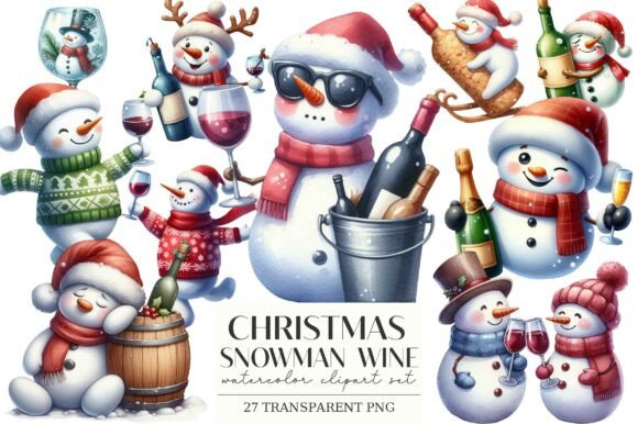 Christmas Snowman Wine Clipart: A Festive Graphic Design Asset for Marketers