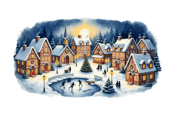 Cozy Christmas Village Winter Night Review for Illustrations