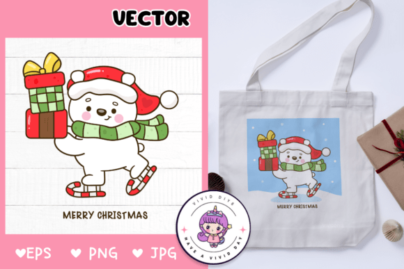 Cute Polar Bear Play Skate Christmas Box Illustration for Crafters