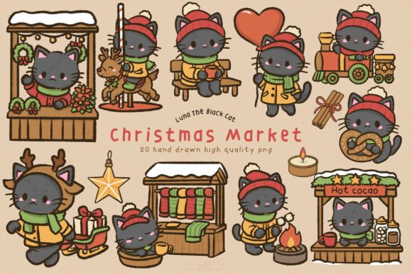 Kawaii Black Cat Christmas Market: A Festive Graphic Design Asset for Crafters