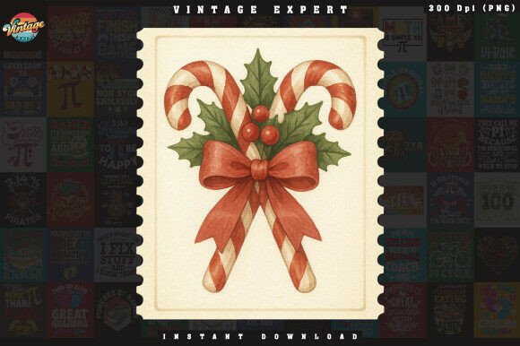 Retro Christmas Stamp Candy Cane Clipart for Illustrations