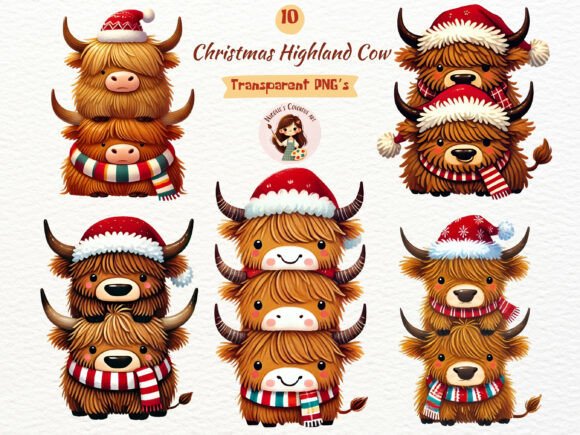 Stacked Christmas Highland Cows Clipart for Modern Illustrations