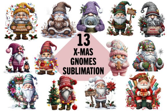 Vintage Sunset Christmas Gnomes Illustrations