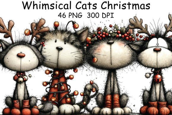 Whimsical Cats Christmas Clipart for Illustrations